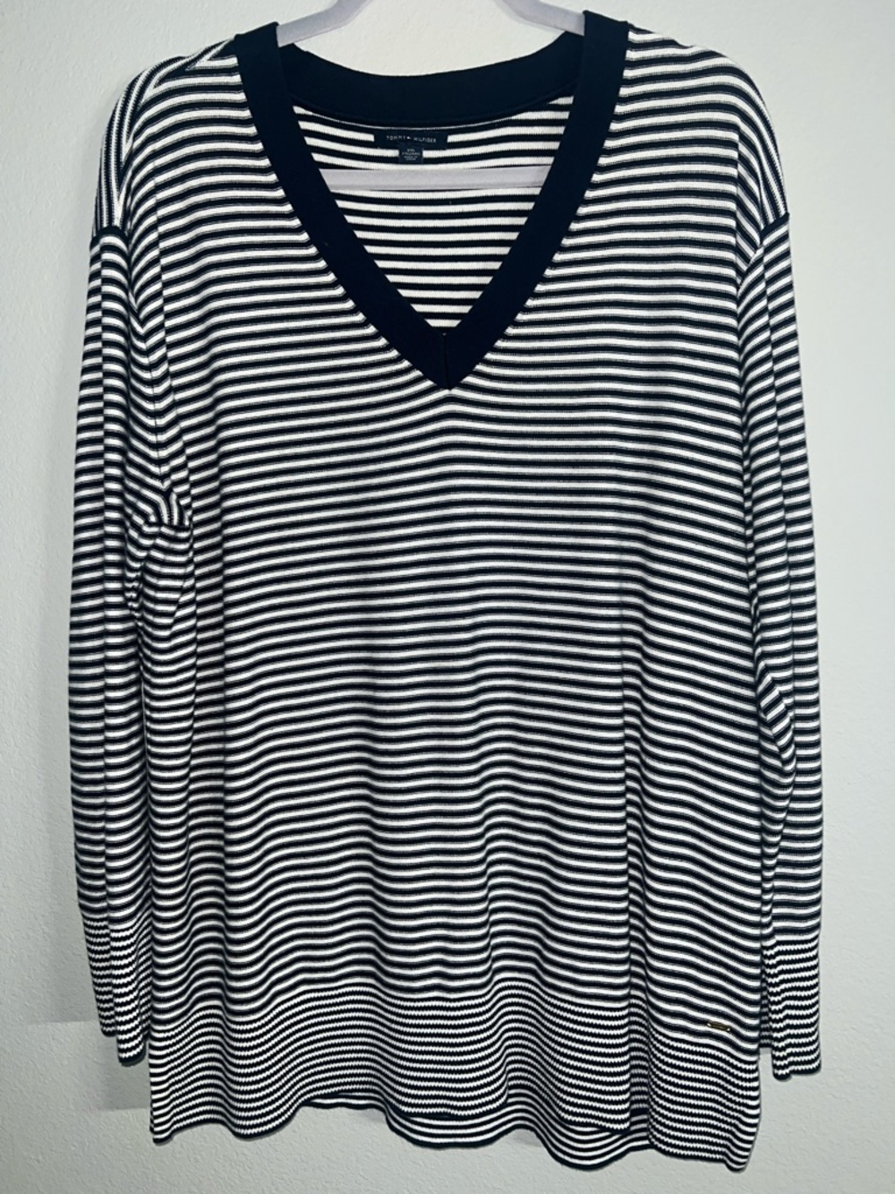 Tommy Hilfiger Navy and White Striped Crew Sweater